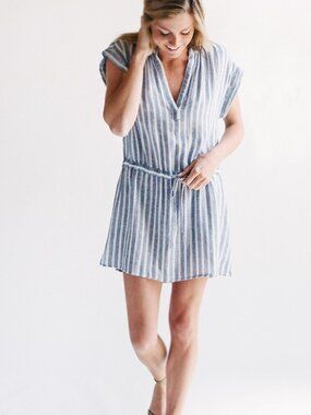 Rails Emma Mykonos Stripe Blue/White Striped Drawstring Linen Mini Dress- XS